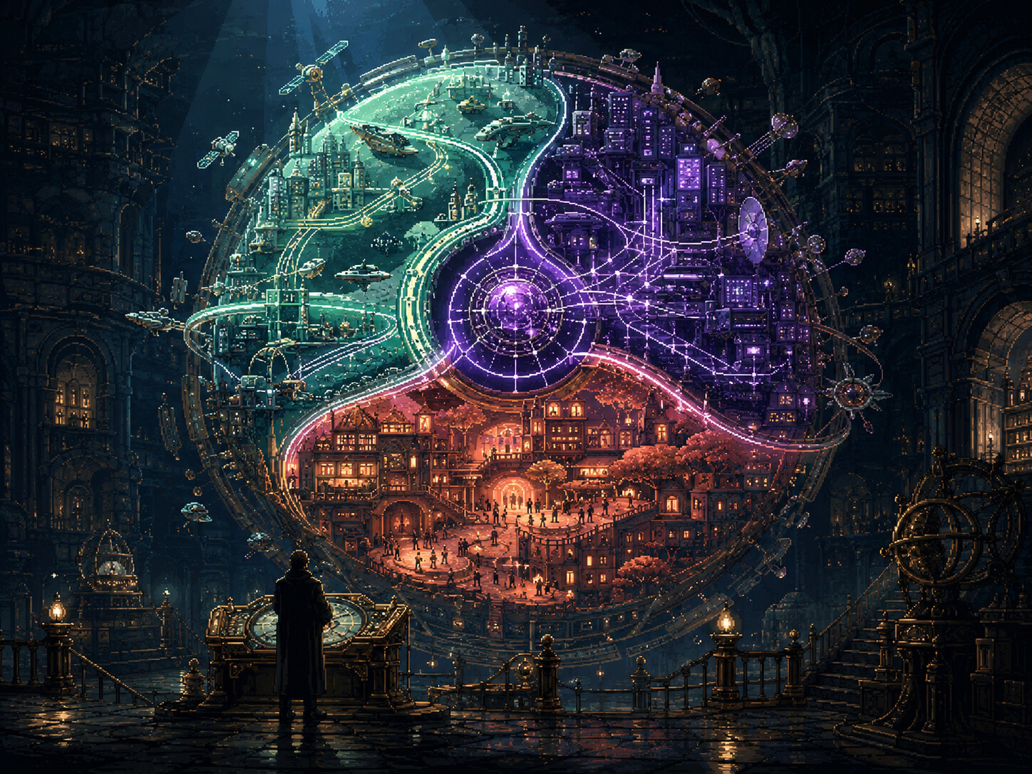 A luminous systems atlas connecting technology, institutions, and everyday life
