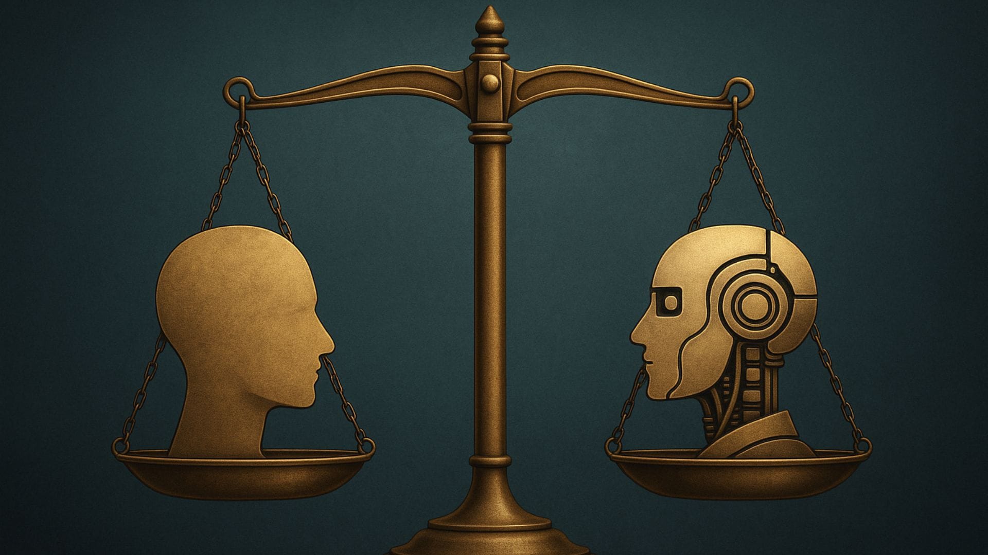 Golden scale balancing a human head and a robot head—symbolizing AI ethics, human-machine equality, and responsibility in artificial intelligence.
