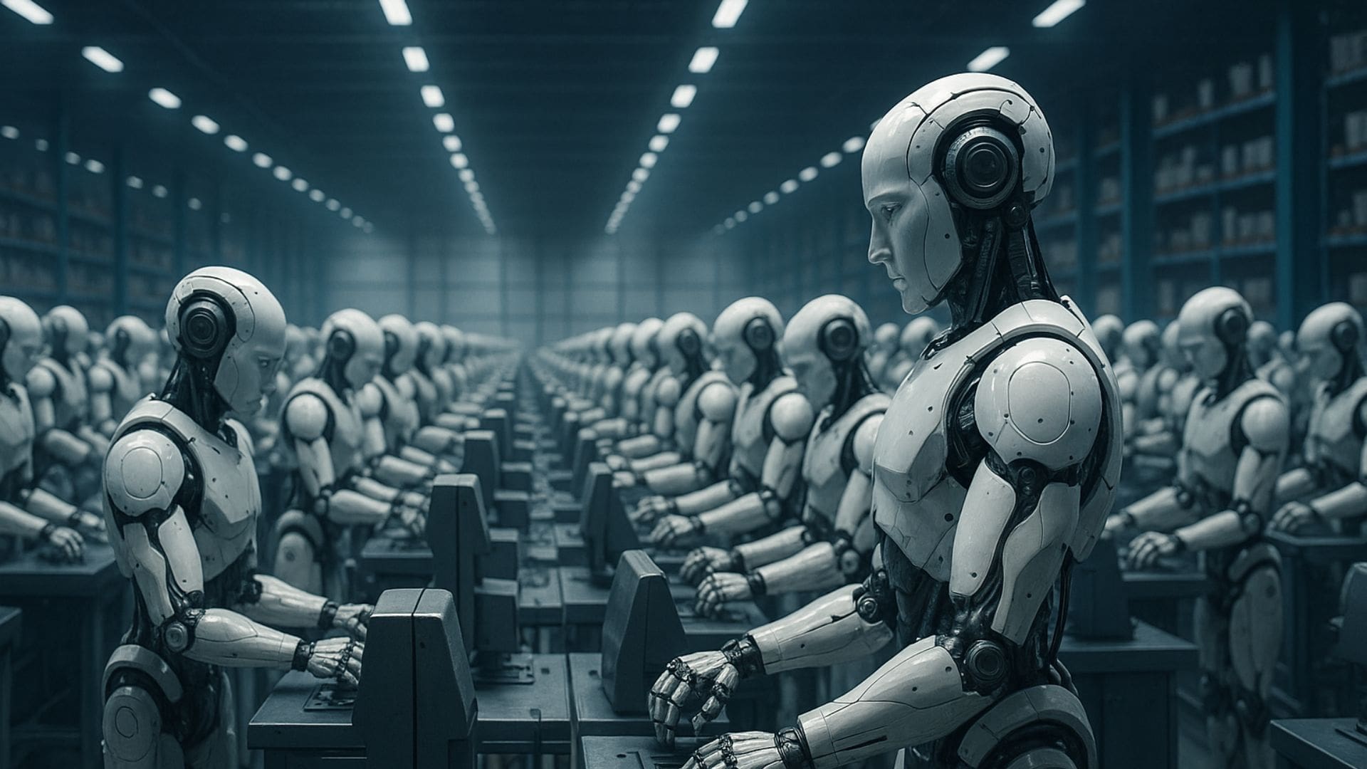 Humanoid robots lined up in a warehouse typing at workstations—symbolizing automation, robotics, and the future of labor.