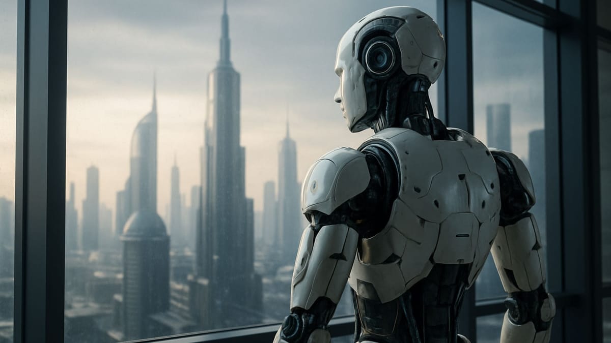 Humanoid robot gazing out a skyscraper window at a futuristic city skyline—exploring AI consciousness, urban robotics, and human-machine coexistence.