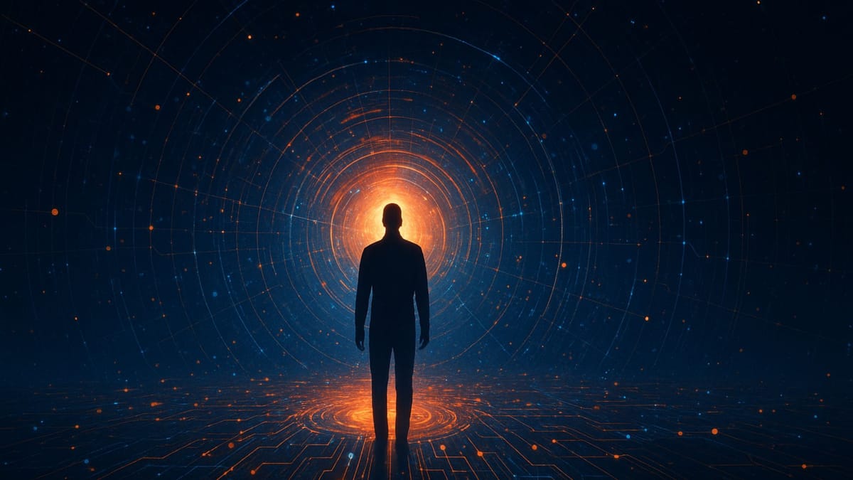 Silhouette standing in a glowing digital tunnel above circuit lines, symbolizing the new scientific era driven by AI, biotech and quantum.