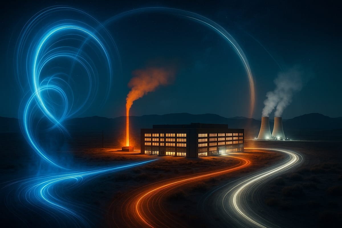 AI data center power at night—energy streams from fusion, enhanced geothermal, and SMR converging on a futuristic campus.