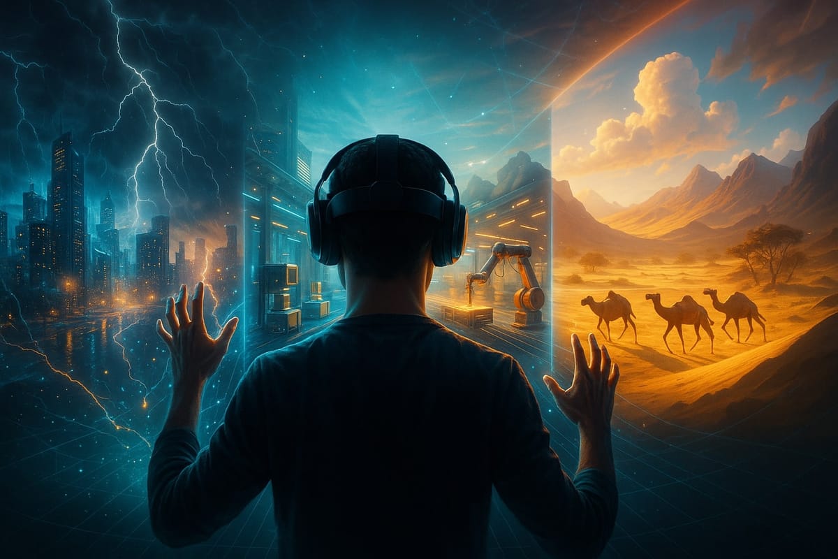 Google DeepMind Genie 3 world model—VR user shaping real-time, promptable worlds stormy city, robotics floor, desert biome; cinematic