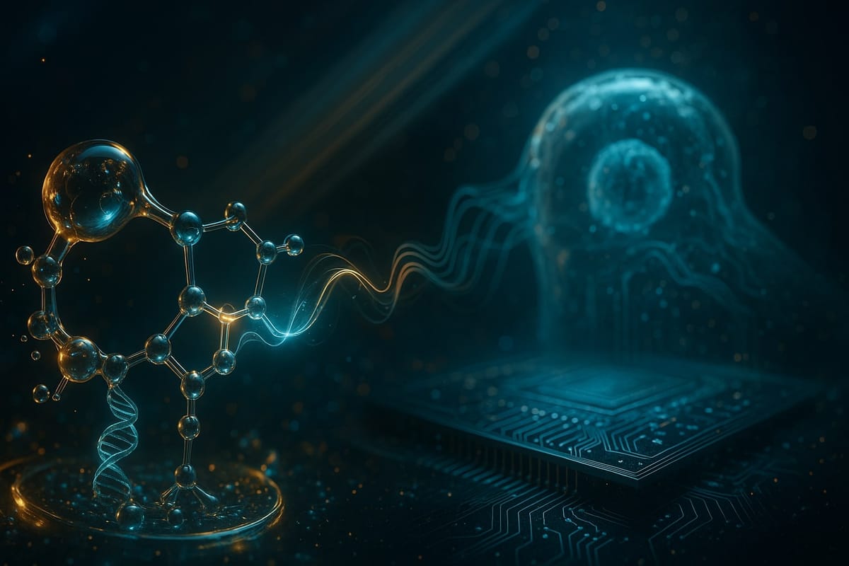 Molecule and DNA connect to a quantum chip, illustrating hybrid quantum-classical drug discovery for longevity.