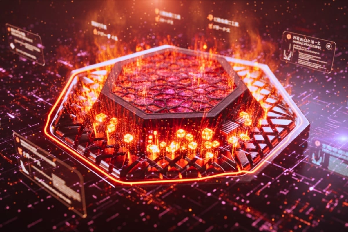 Extropic XTR-0 ThermoComputer chip, radiating flame-colored energy for ultra-efficient AI.