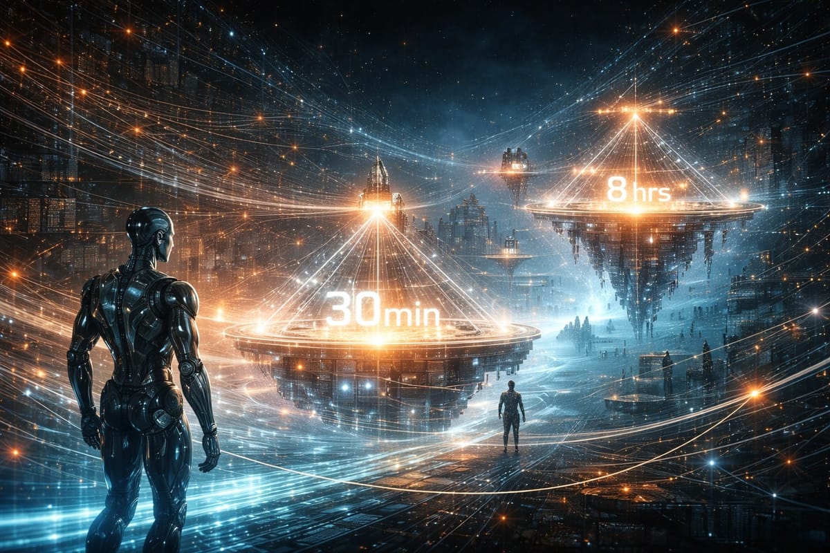 Futuristic AI agent crossing glowing timeline checkpoints in a neon data city.