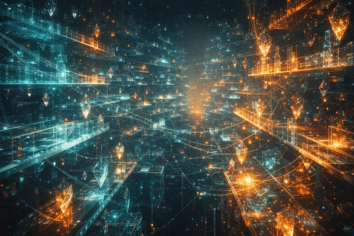 Futuristic holographic library of glowing memory shards and flowing data threads.