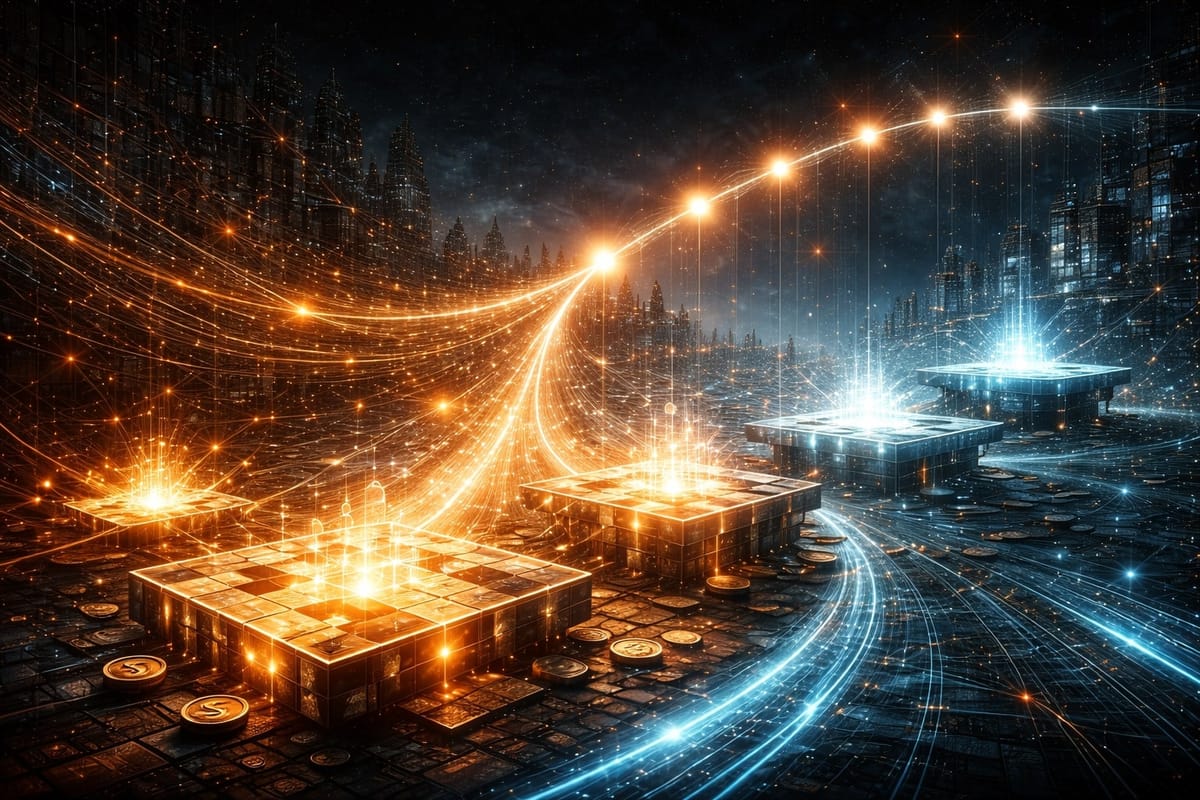 Glowing puzzle grids and a rising efficiency curve in a futuristic data landscape.