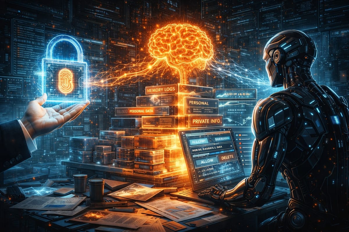Human-controlled AI memory policy with audit logs and a glowing data lock.