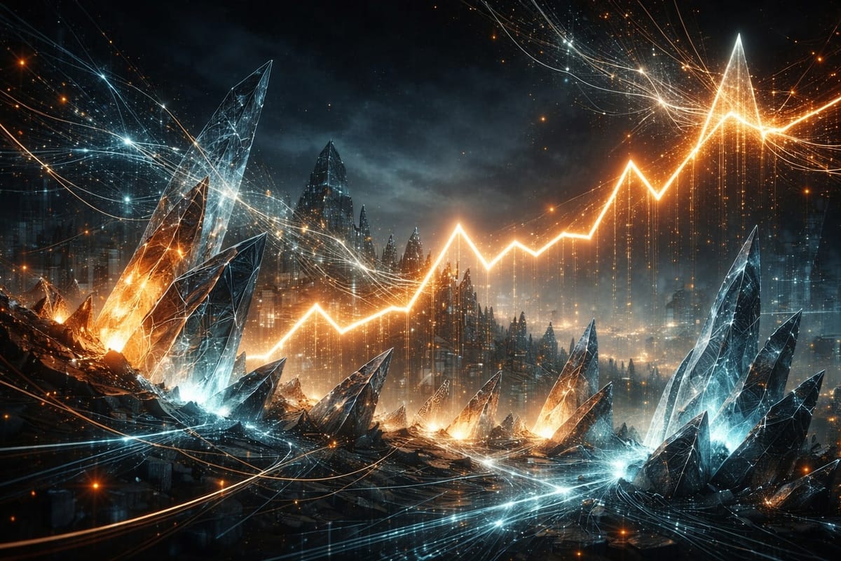 Jagged AI crystals with glowing data lines and a fractured rising signal.