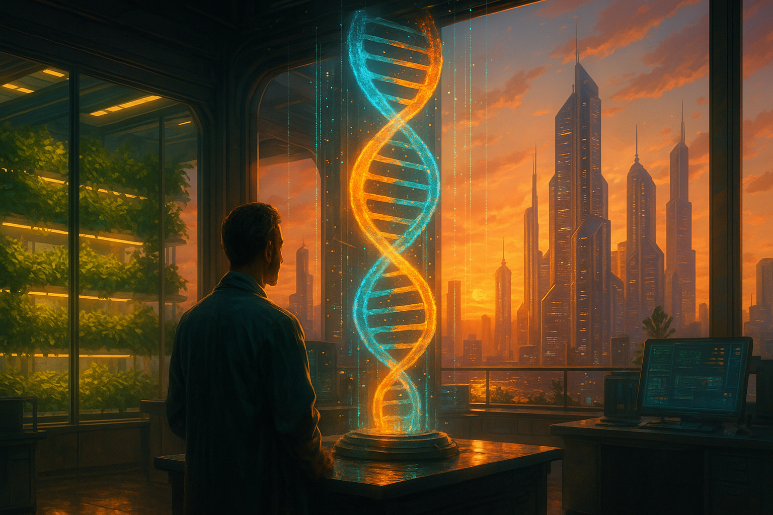 Hyperrealistic sci-fi biotech lab at sunset with glowing DNA hologram, lush hydroponic gardens and a futuristic city skyline
