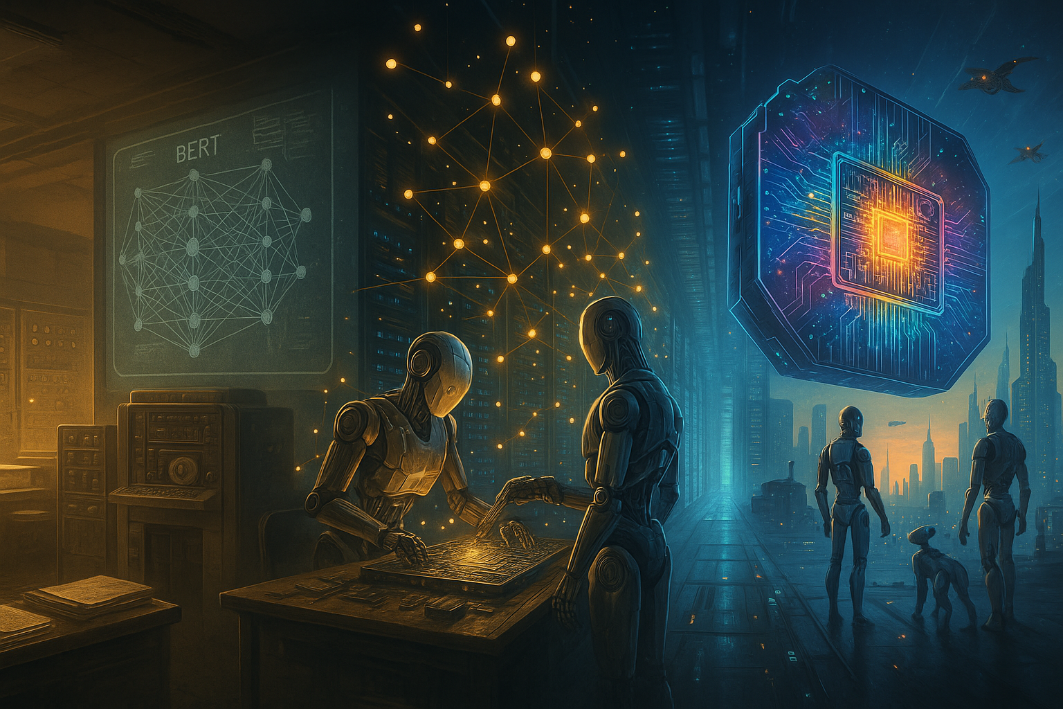 Artificial Intelligence Frontiers: vintage computers to quantum-chip future scene