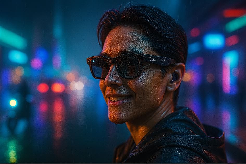 Young person wearing Ray-Ban Meta smart glasses Wayfarer edition at night in a futuristic neon-lit city, hands-free camera visible.