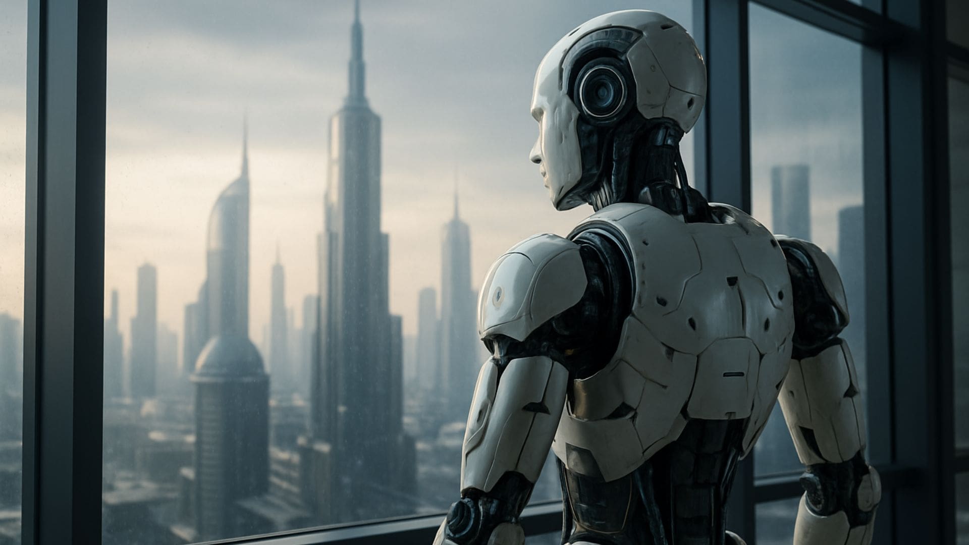 Humanoid robot gazing out a skyscraper window at a futuristic city skyline—exploring AI consciousness, urban robotics, and human-machine coexistence.