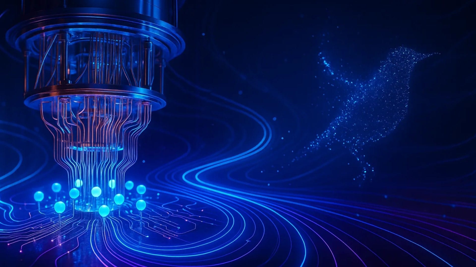 Visualization of the future of quantum computing with glowing qubits and data streams forming a digital bird in flight.