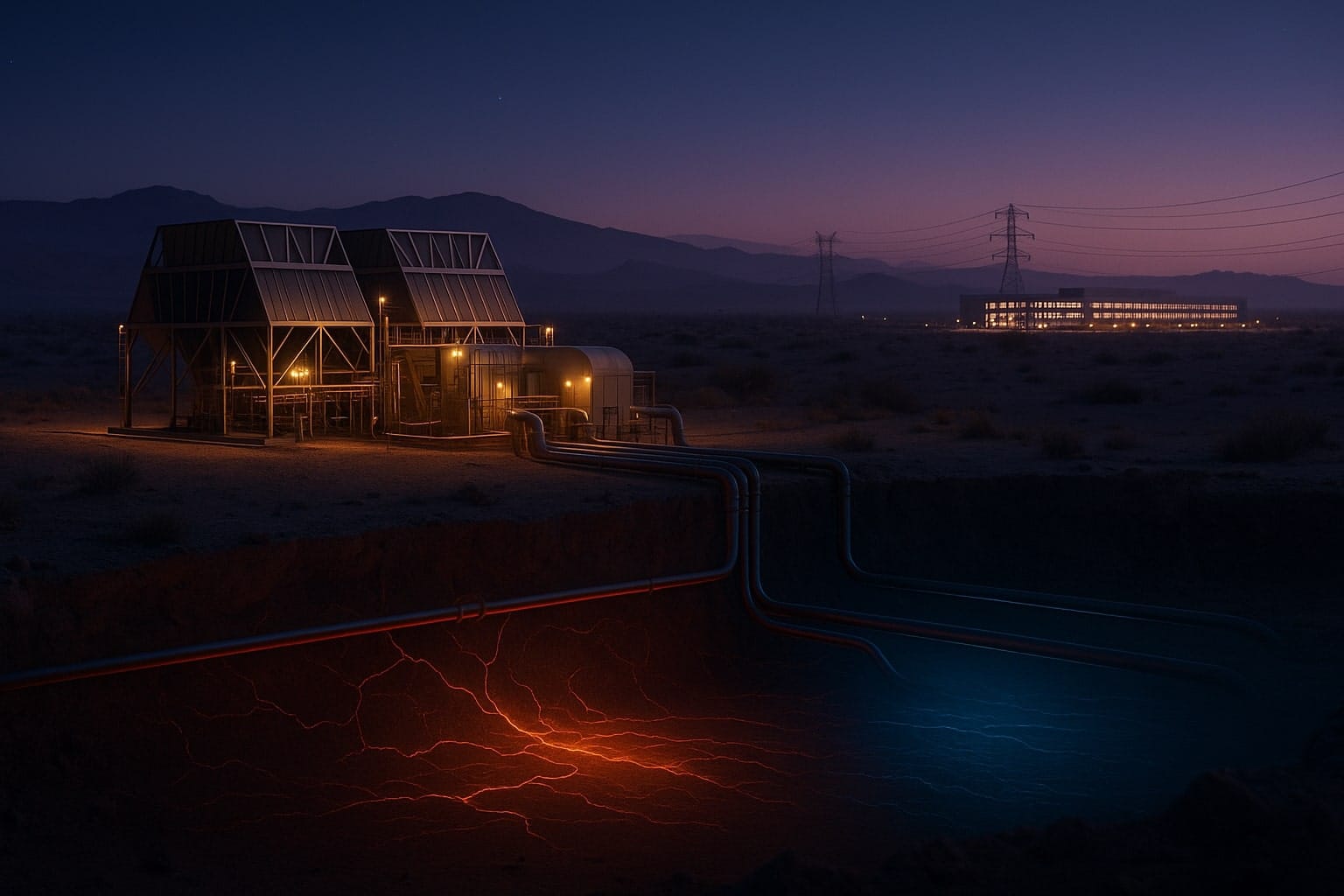 Enhanced Geothermal Systems (EGS) plant powering an AI data center with 247 clean energy at sunset in Utah.