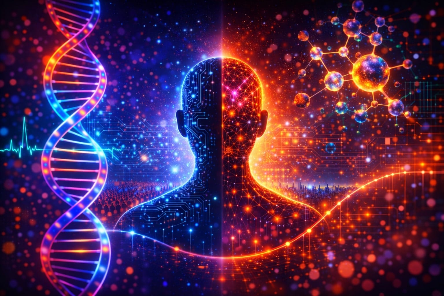 AI and quantum longevity art with split silhouette and DNA