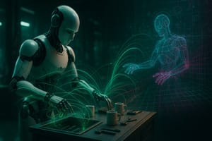 Humanoid robot powered by NVIDIA Isaac GR00T foundation model manipulates objects in a neon-lit lab, as holographic trajectories visualize Omniverse simulation and synthetic data.